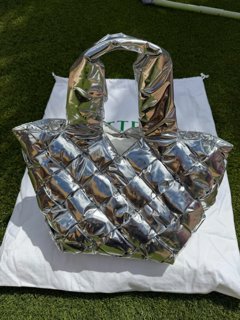 NWT Bottega Veneta Metallic Silver Intrecciato Padded Tote
